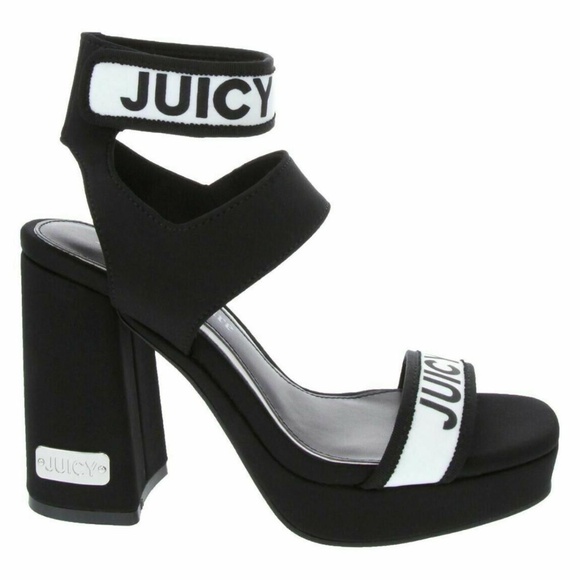 NWT JUICY COUTURE GLISTEN BLK White Neoprene Platform Heels Sandal SZ 10 NEW - Picture 1 of 4